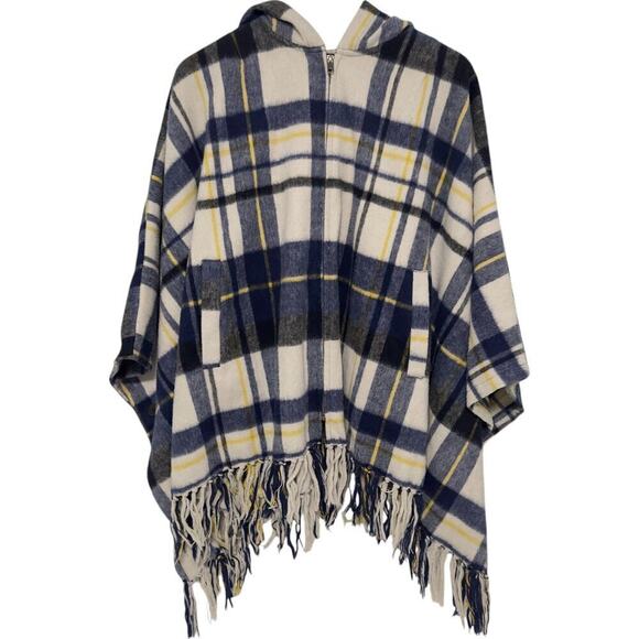 Quiksilver Ponchito Jacket - blue yellow plaid check poncho with hood - Picture 3 of 12